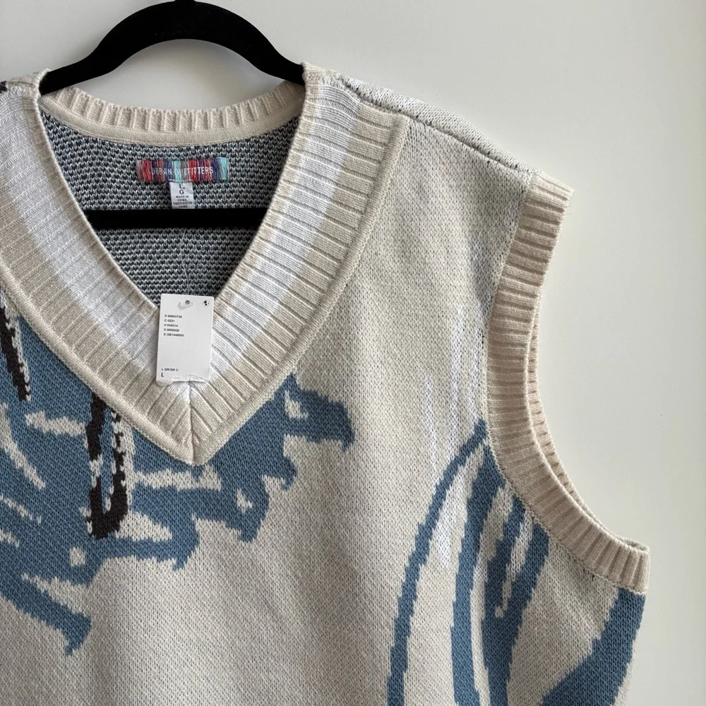 Urban Outfitters Men’s Abstract Pattern V-Neck Sweater Vest Cream Blue Large